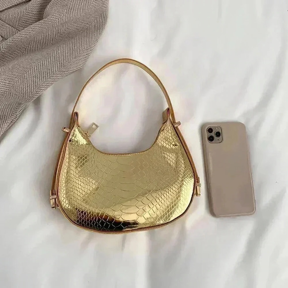 Gold Elegant Women's Metallic Embossed Hobo Bag Solid Color Shoulder Bag - Picture 3 of 4